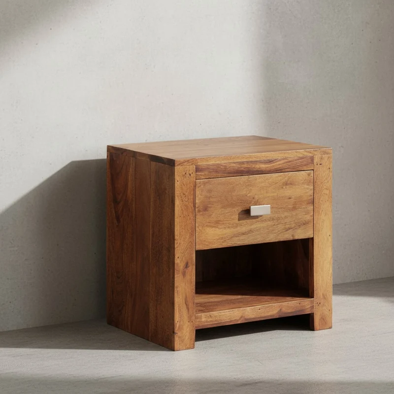 Nachttisch – Massivholz, Landhausstil, Ablage & Schublade, Griff verchromt