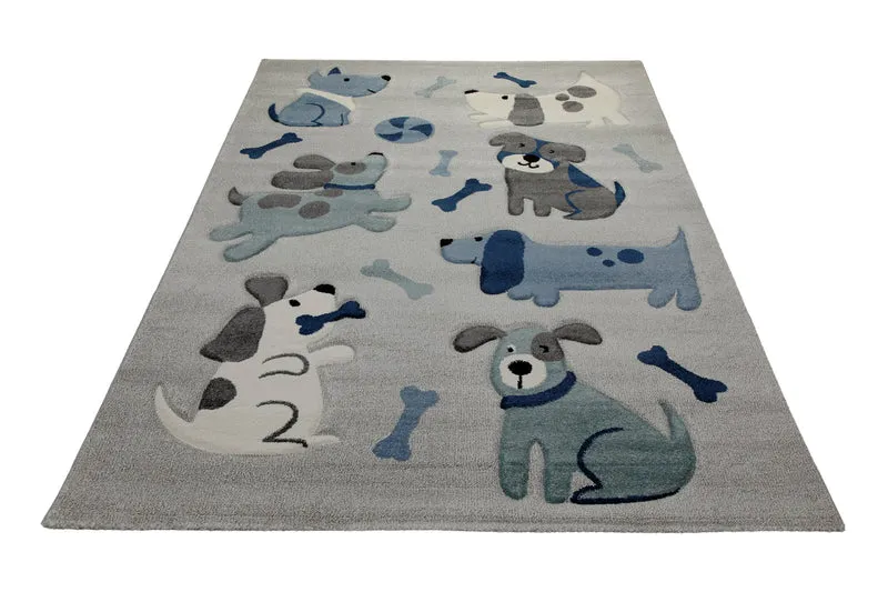 160x230 Teppich Kinderzimmer Grau Blau Hunde