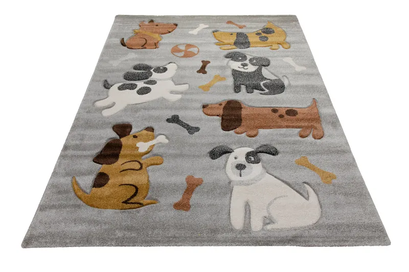 160x230 Teppich Kinderzimmer Grau Hunde Braun Weiß
