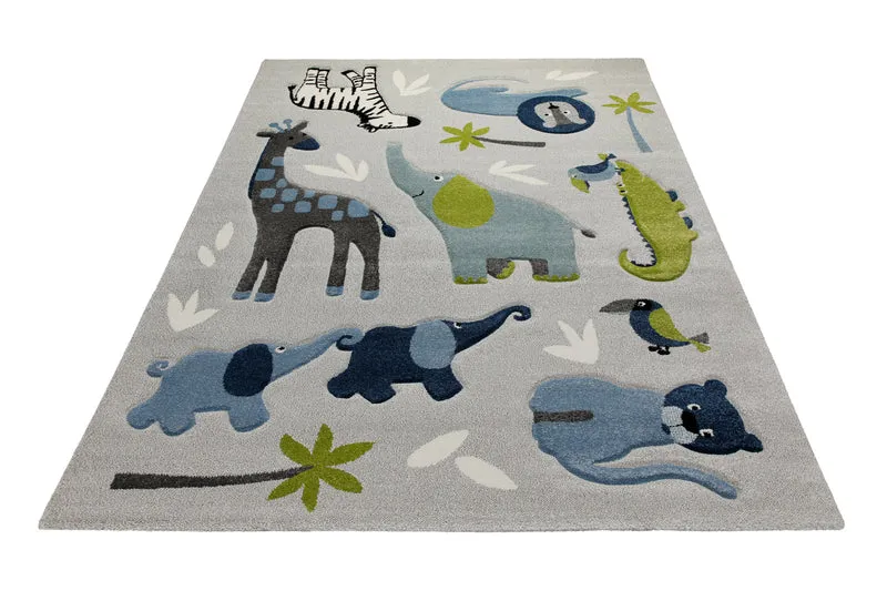 160x230 Teppich Kinderzimmer Grau Blau Tiere