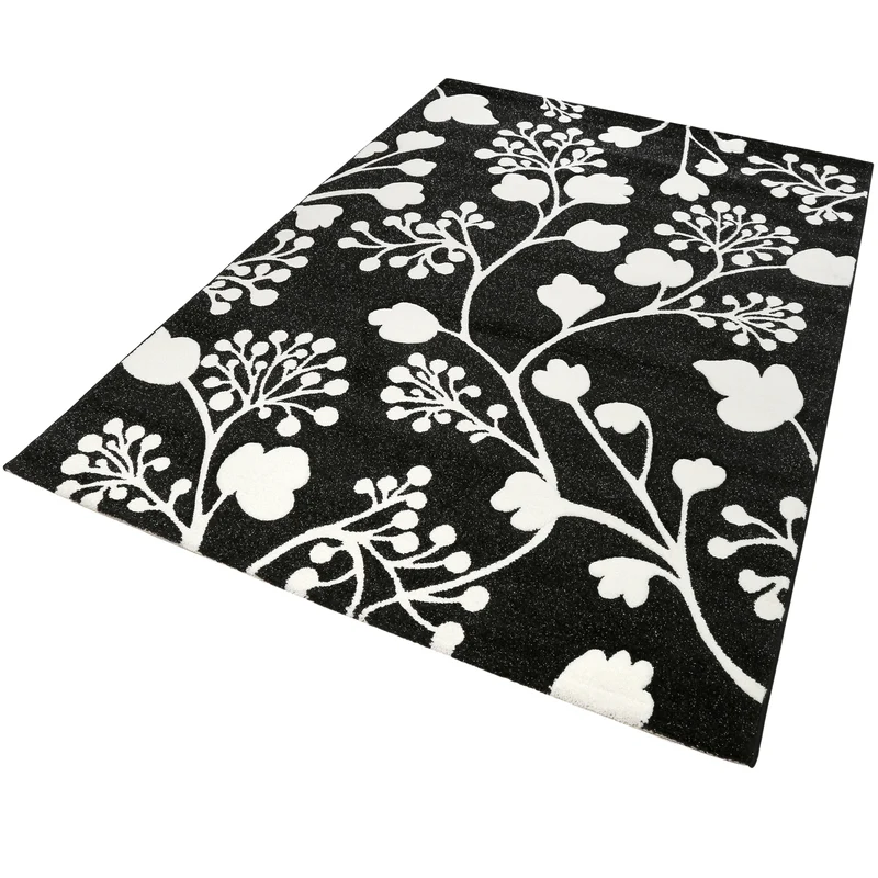 160x230 Teppich Wohnzimmer Schwarz Blumen Weiß