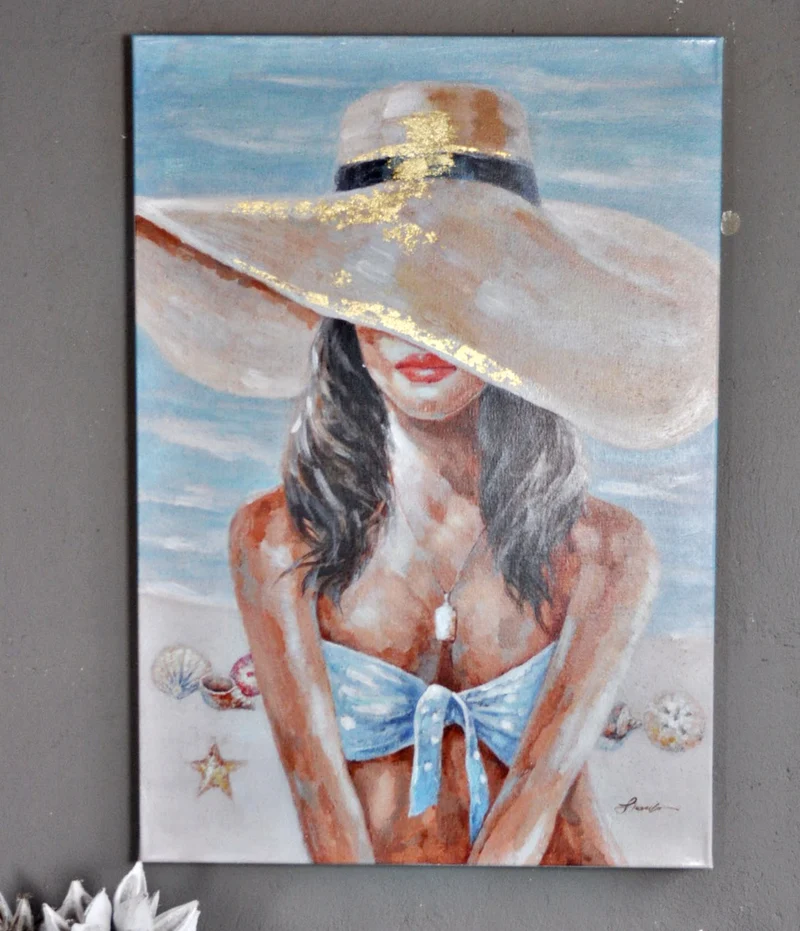 Leinwandbild "Frau am Strand mit Strohhut" 100 x 70 cm