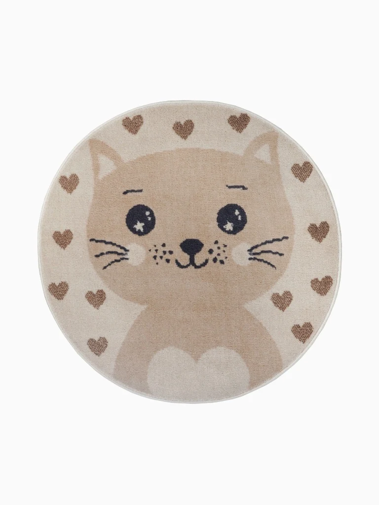 Kinderteppich Katze Beige Rund