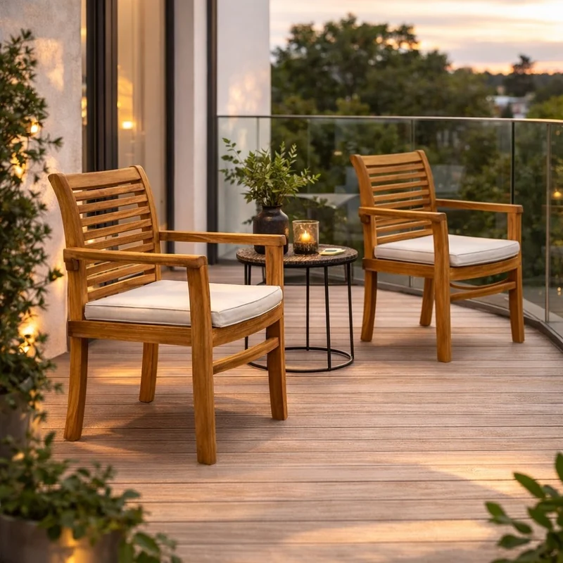 2tlg. Set Teak Armlehnstuhl LETAK stapelbar Natural inkl.Sitzkissen