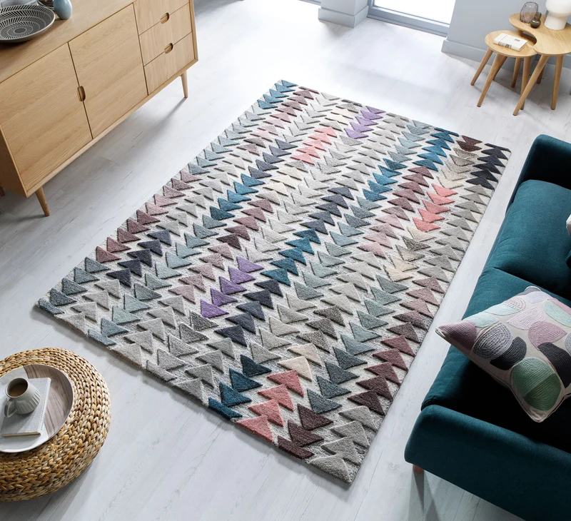 Getufteter Wollteppich Chevron-Linien · 100 % Wolle · 10 mm Kurzflor