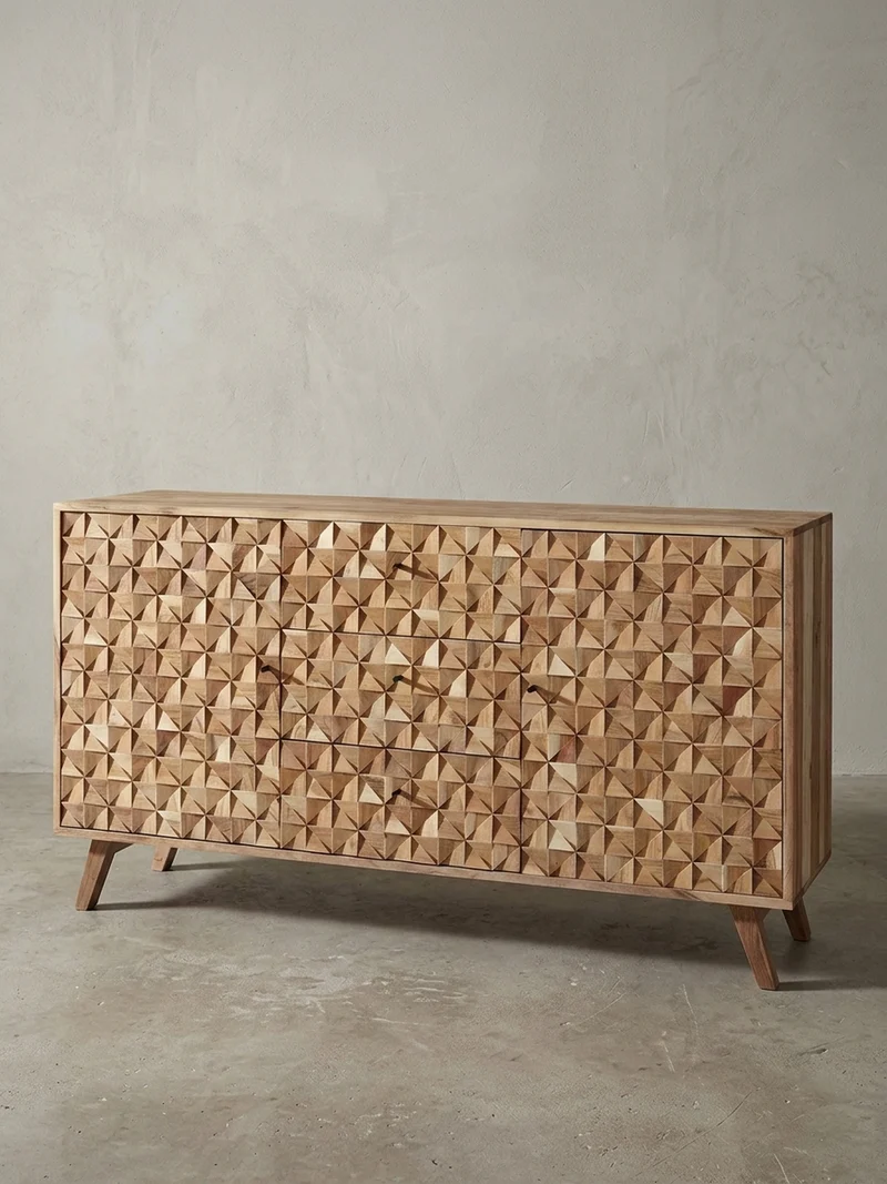 Sideboard –, Akazie Massivholz, 140x78,5x40 cm, Landhausstil, 3 Schubladen, 2 Türen