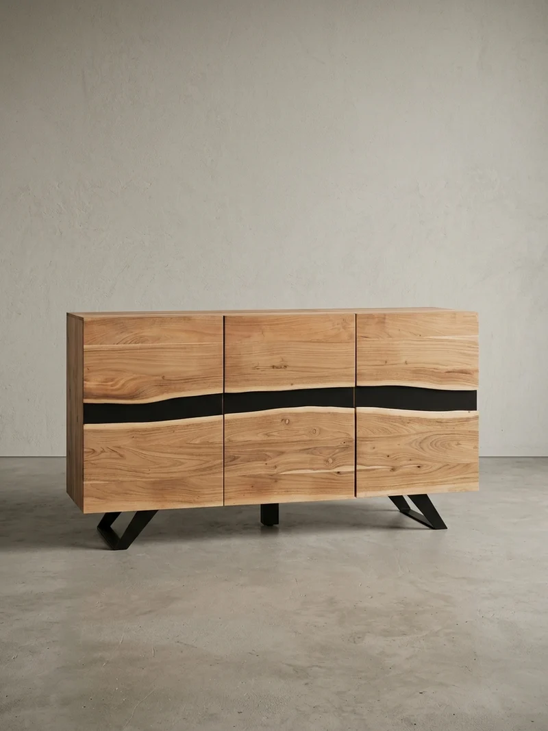 Sideboard – Akazie Massivholz, 148x85x43 cm, Baumkante, Landhausstil, breit