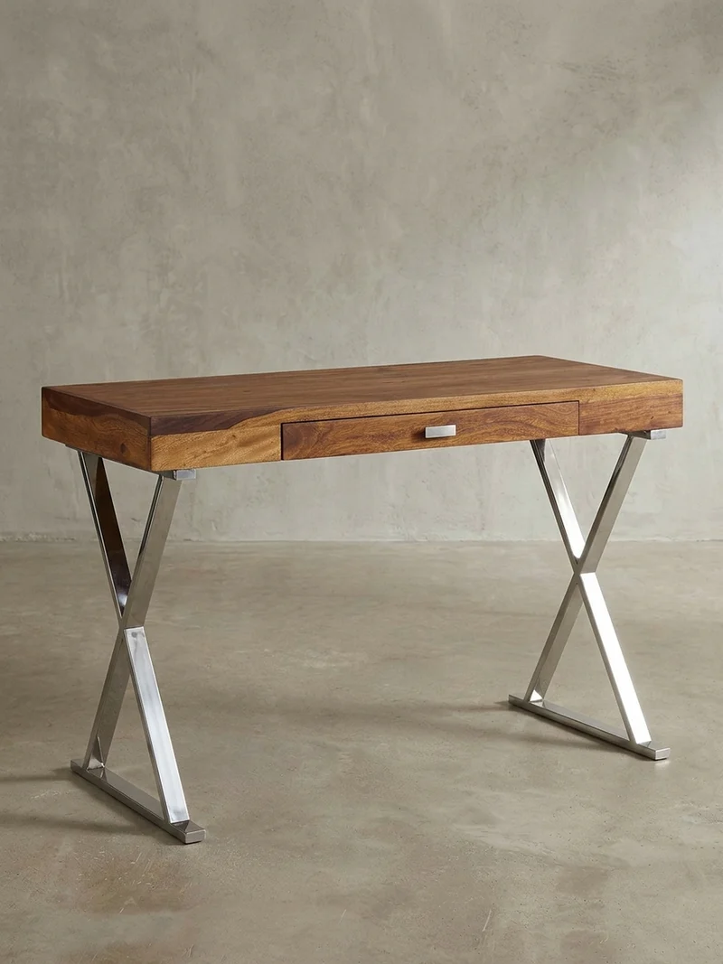 Schreibtisch Massivholz X-Gestell Schublade