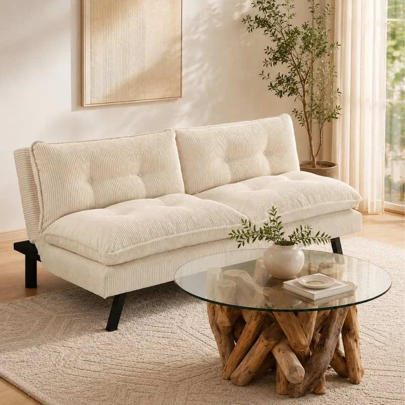 Schlafsofa CAPULO Beige Cord 190cm 3-Sitzer Couch modern