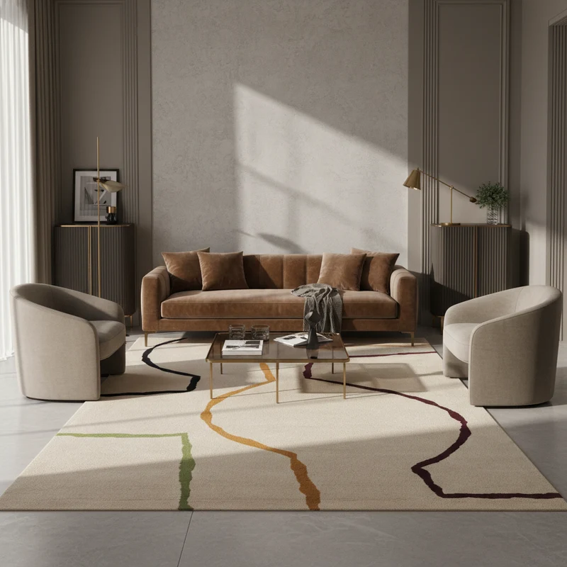Teppich Schurwolle handgetuftet mit Linienmuster Beige/Bunt