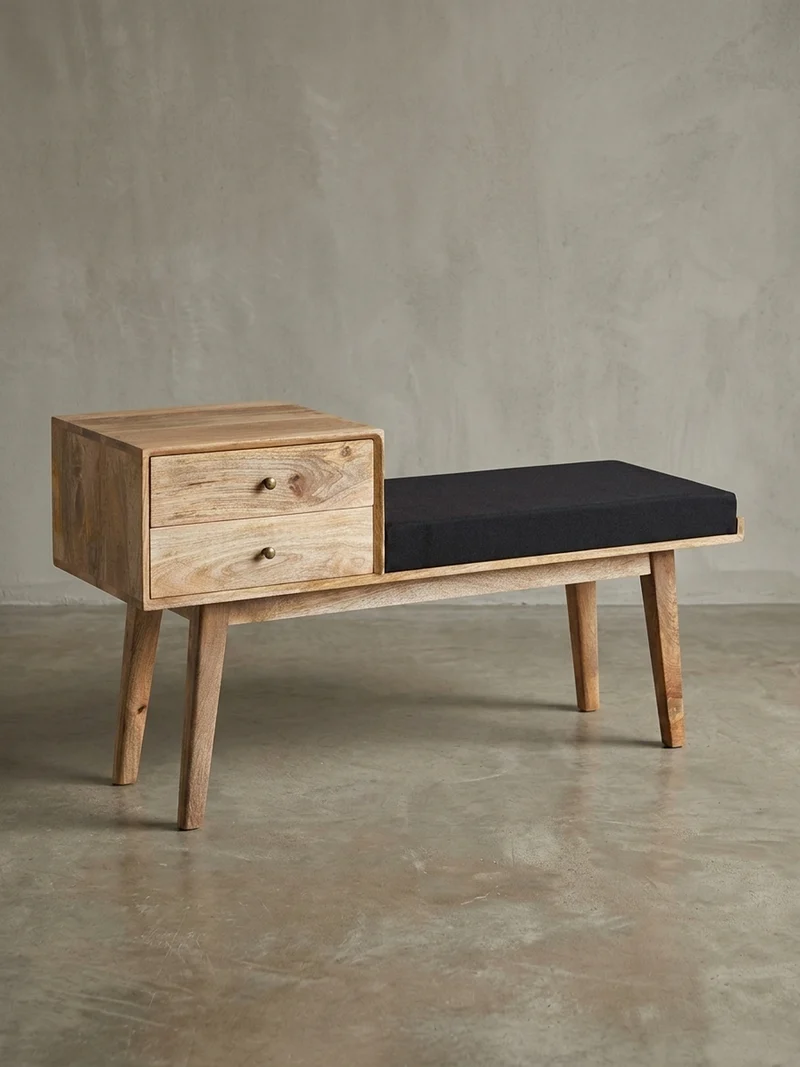 Sitzbank – Mango Holz, Schwarz, Schubladen, Retro-Stil