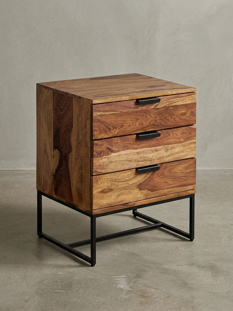 Nachttisch – Massivholz/Eisen, 50x40x65 cm, 3 Schubladen, Industrial-Stil