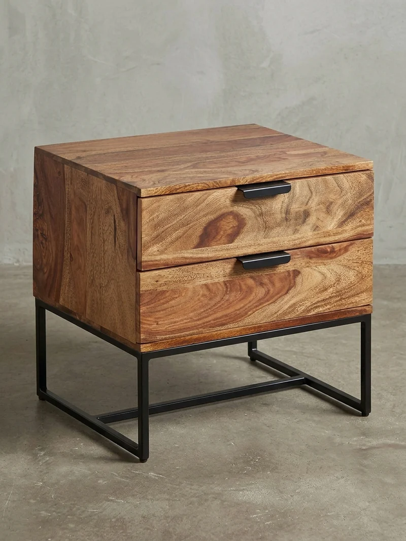 Nachttisch – Massivholz/Eisen, 50x40x51 cm, 2 Schubladen, Industrial-Stil