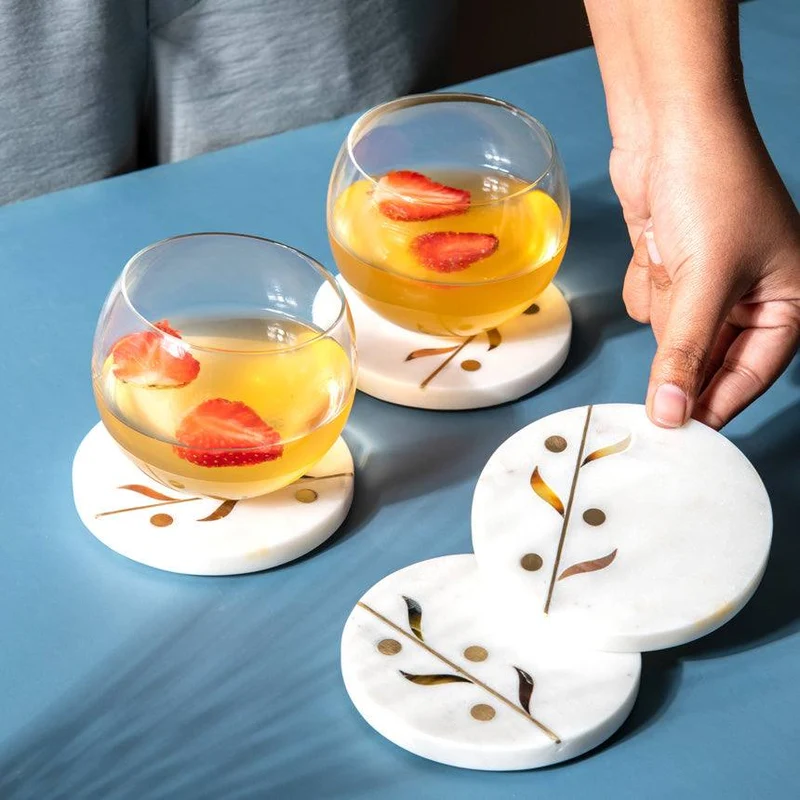 Vine Round Marble Coasters, Set of 4 - White & Gold