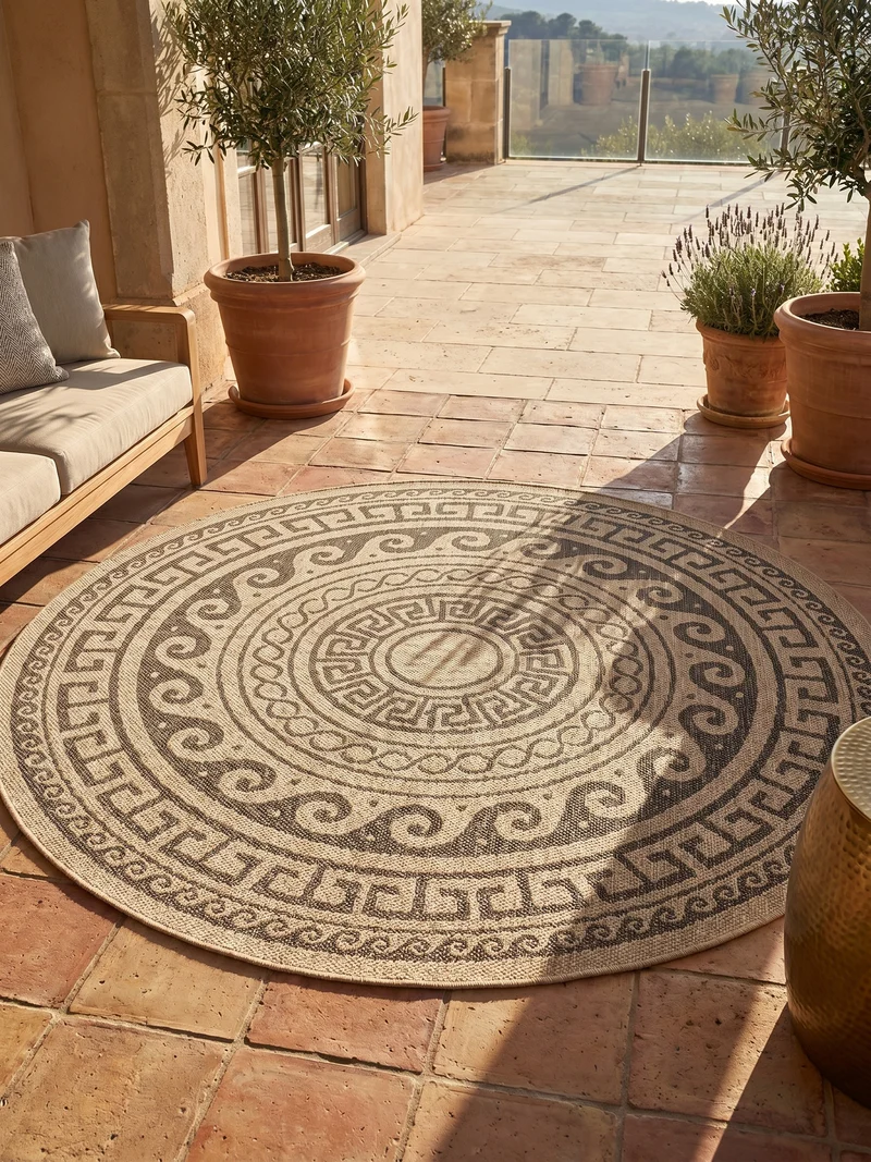Outdoor-Teppich Mäander-Ornament – Waschbar | Klassisches Kreismuster für Terrasse