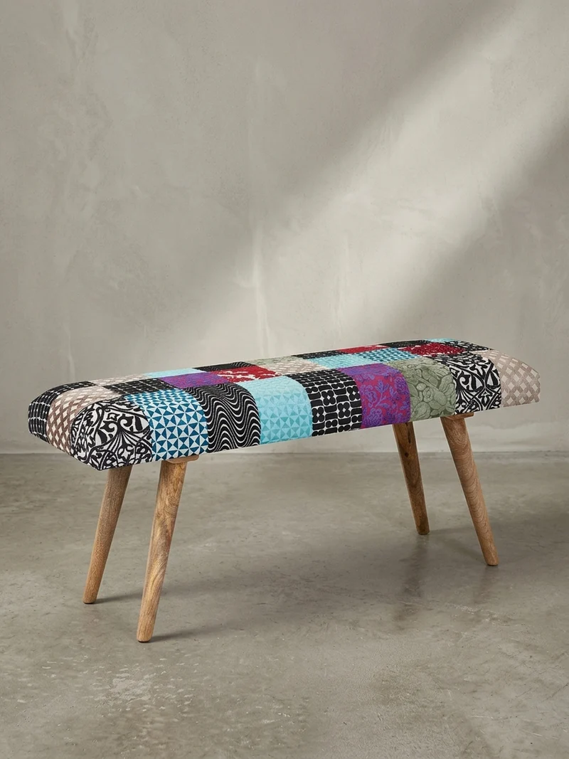Sitzbank – Patchwork-Stoff, Massivholzbeine