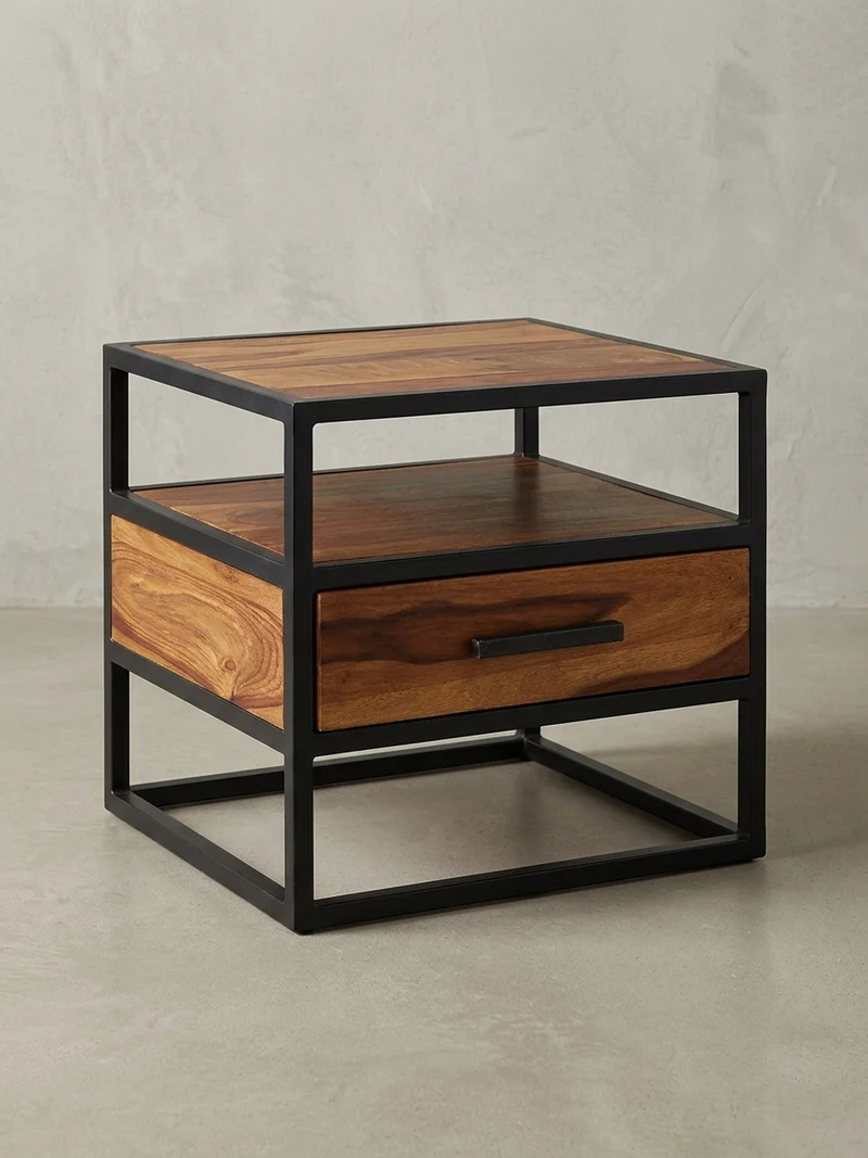 Nachttisch – Massivholz/Stahl, mit Stauraum, Industrial-Stil