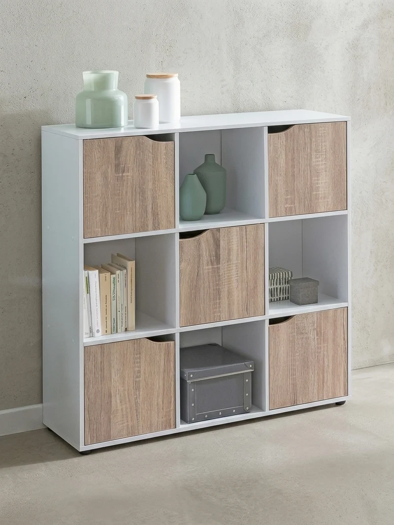 Regal – Weiß/Sonoma, 89x91x29 cm, 9 Fächer, für Bücher und Deko