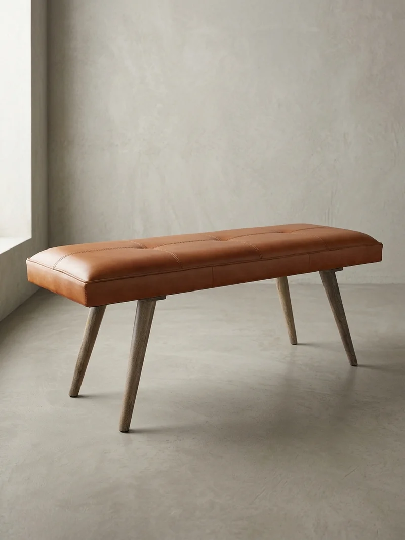 Sitzbank – Ziegenleder/Massivholz, Retro-Stil, 200 kg Belastbarkeit