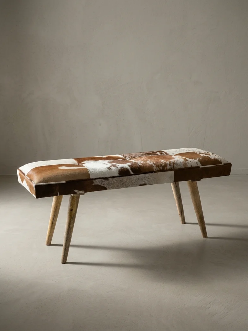 Sitzbank – Ziegenfell/Leder, Landhausstil, Mango Holz, 220 kg Belastbarkeit