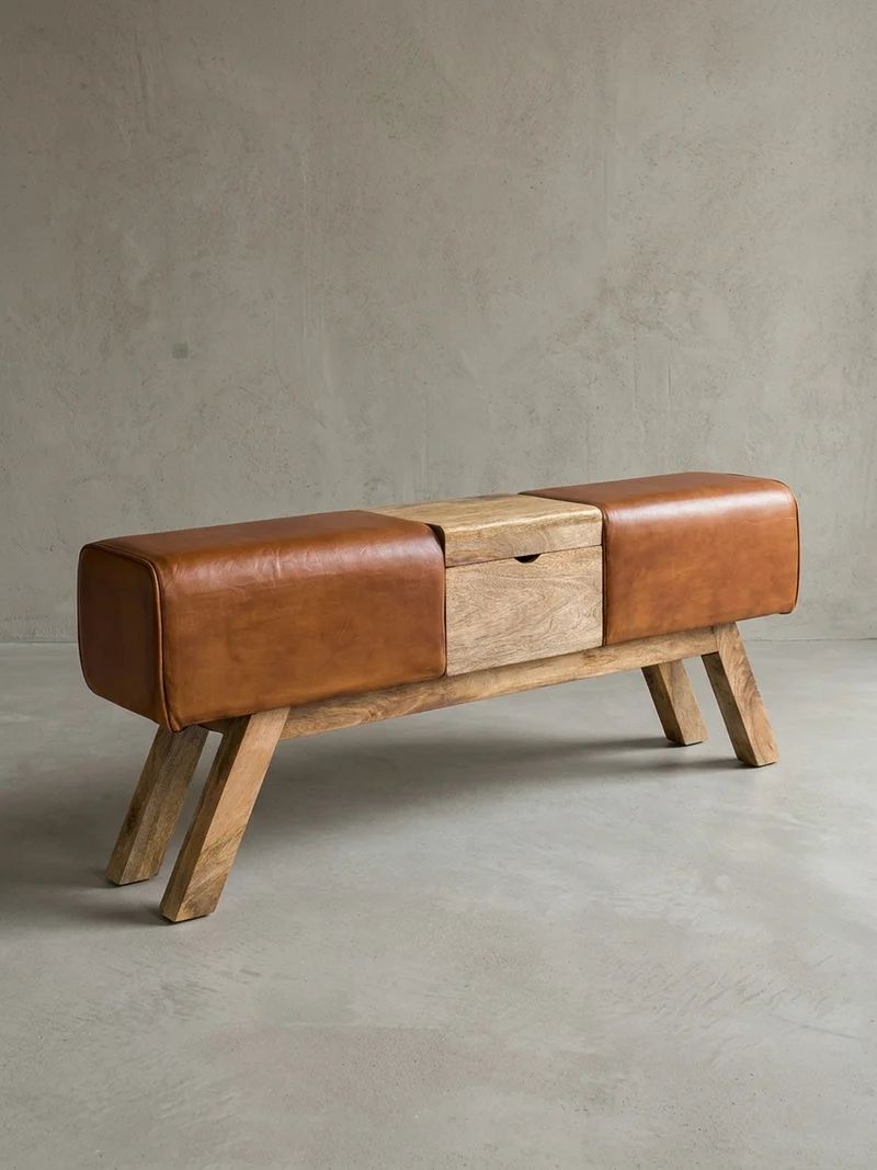 Sitzbank – Echtleder/Holz, 120 cm, Retro-Stil, mit Stauraum