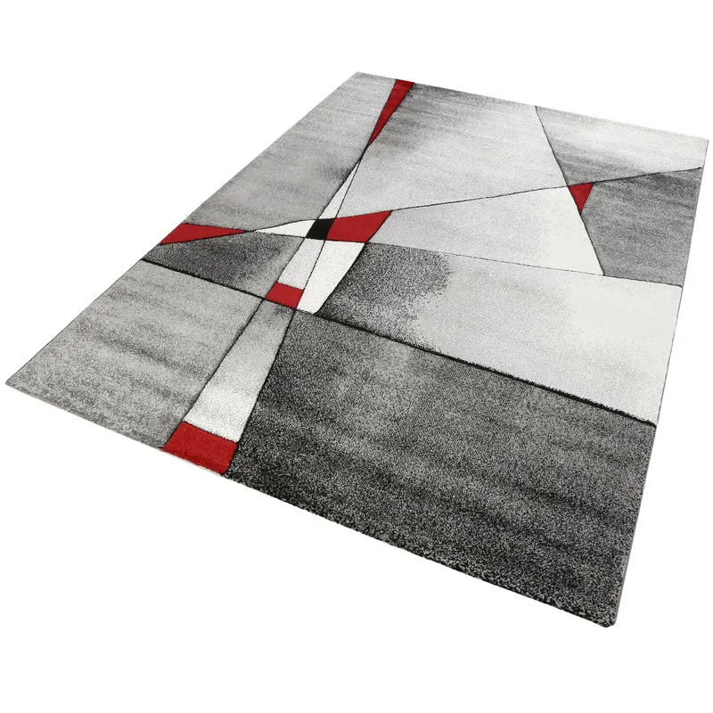 Moderner Webteppich – Robustes & Pflegeleichtes Design - Farbe: Grau Rot