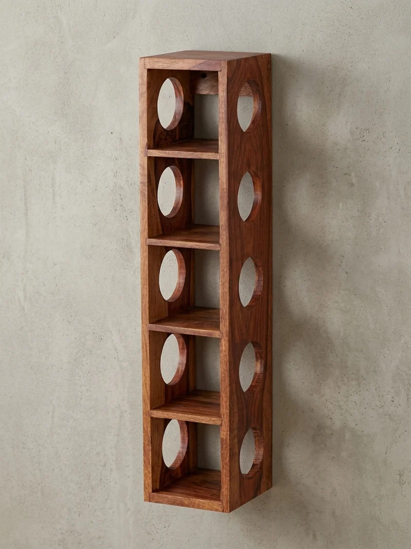 Weinregal Massivholz mit 5 Fächern Wandmontage Edelholz-Optik