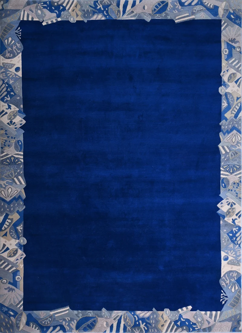 Handgeknüpfter Tibeter Teppich in blau mit Retro-Bordüre – Neuwertig