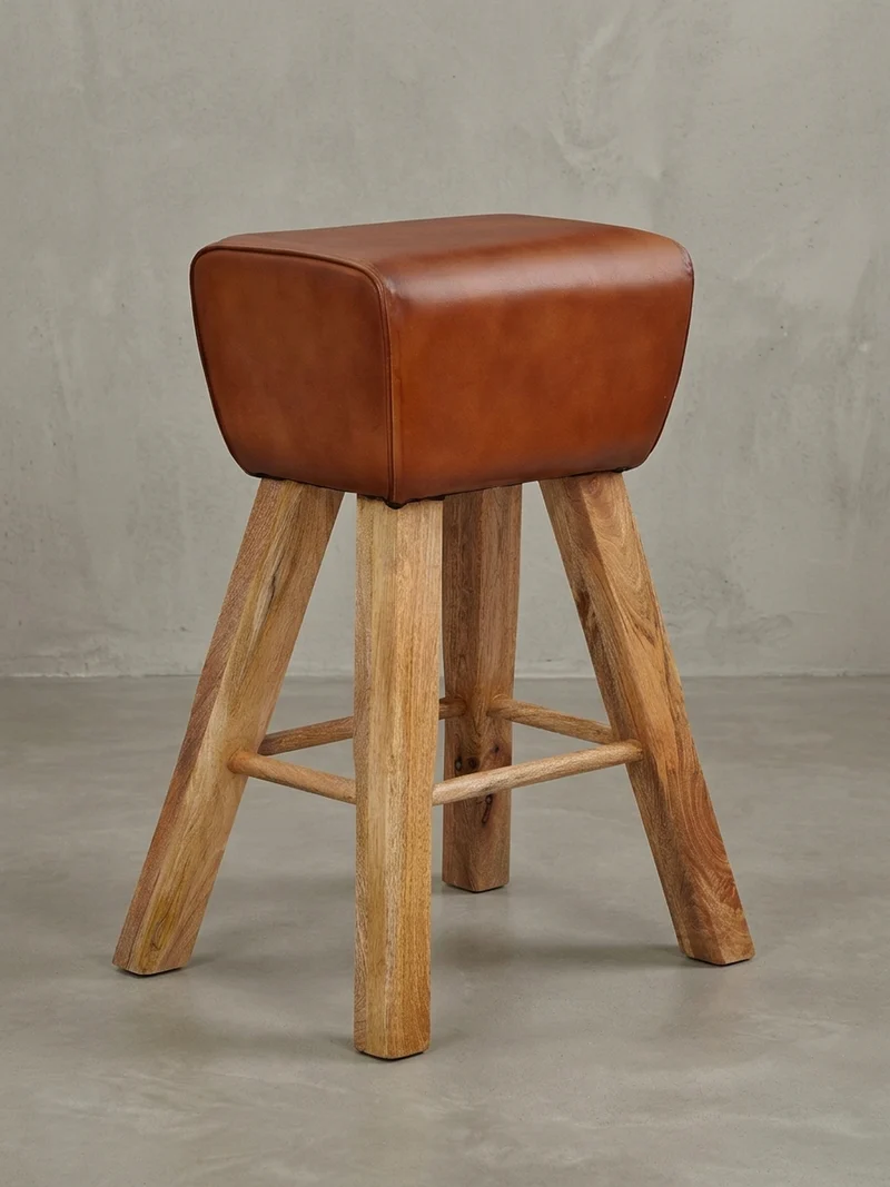 Barhocker – Ziegenleder und Mango Massivholz, Turnbock-Design, 43x75x43 cm, Dunkelbraun