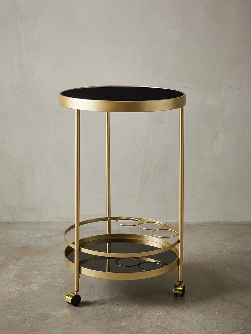 Servierwagen – Gold, Schwarzglas, auf Rollen