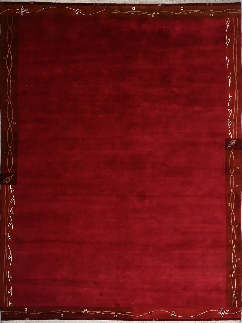 Handgeknüpfter tibetischer Teppich rot mit Retro Bordüre – Neuwertig
