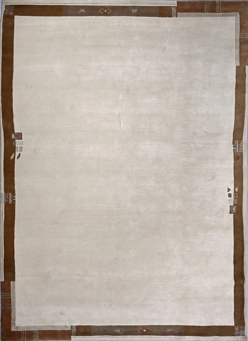 Handgeknüpfter Tibet Teppich in beige mit schmaler Retro Bordüre – Neuwertig