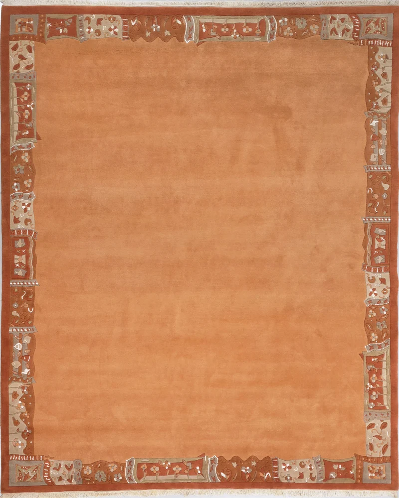 Handgeknüpfter Tibet Teppich in Apricot mit Retro Bordüre – Neuwertig