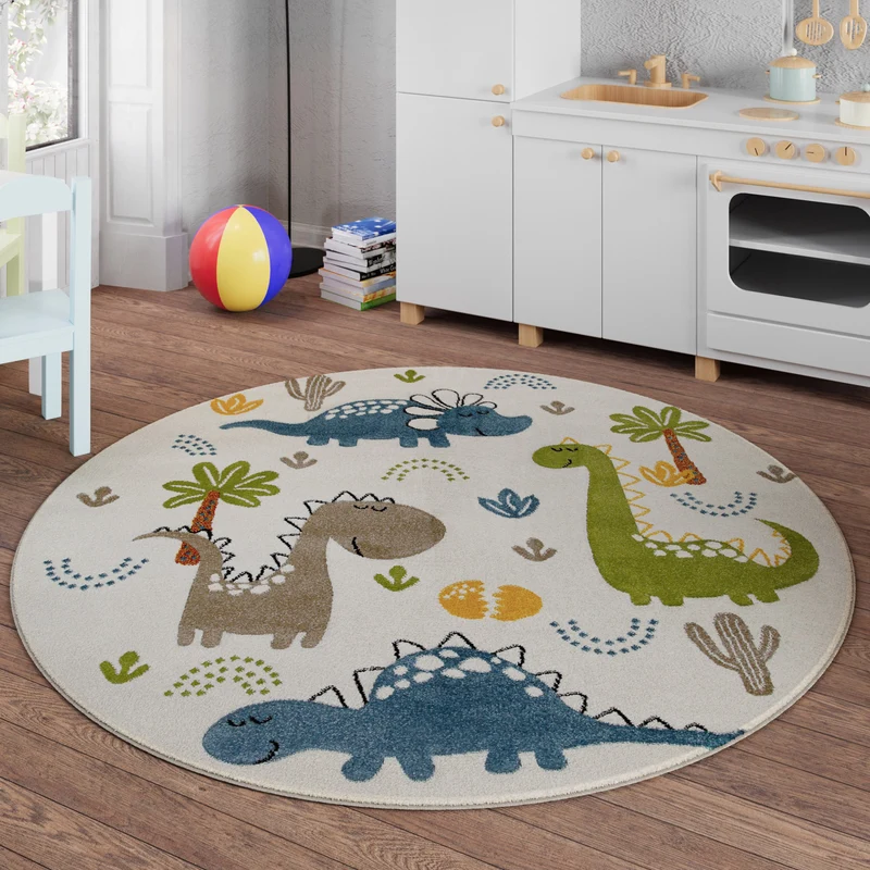 Kinderteppich Rund Creme Weiß "Dino & Friends" Smart Kids