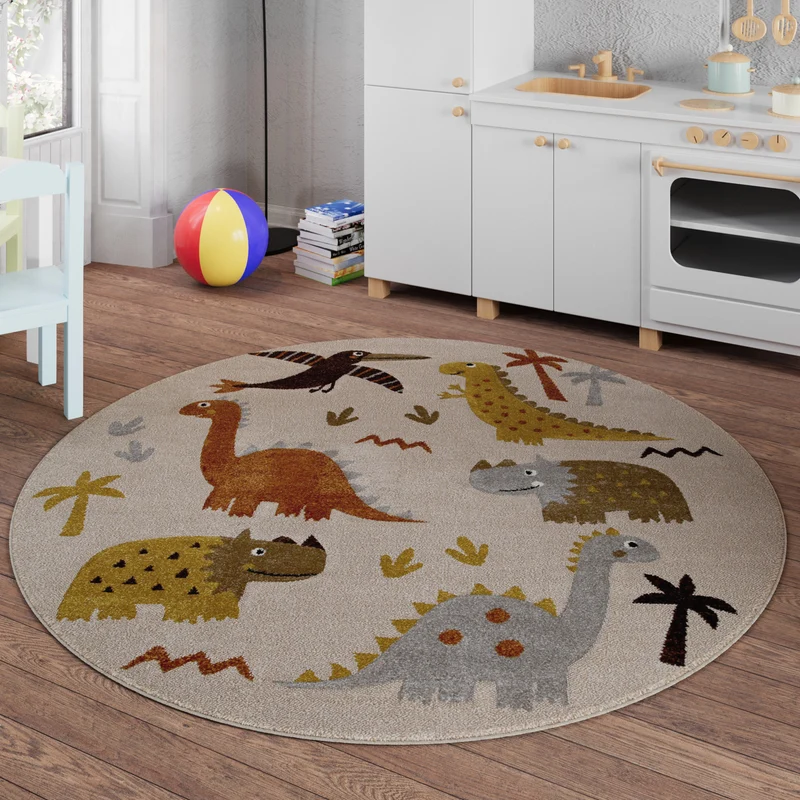 Kinderteppich Rund Sand Beige meliert "T-Rex & Friends" Smart Kids