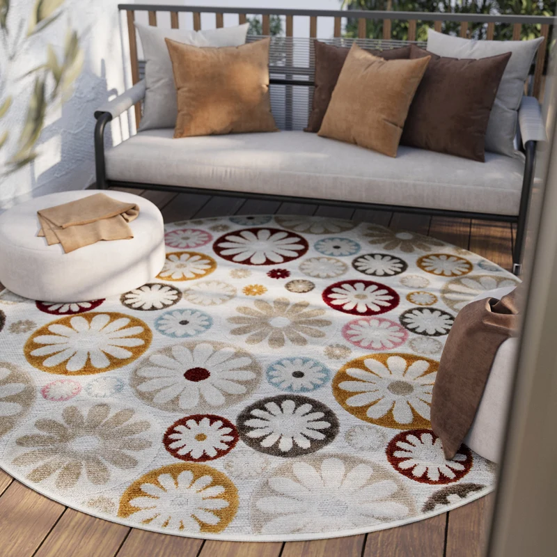 In & Outdoorteppich Rund Beige Bunt "Flowerdrops" WECONhome