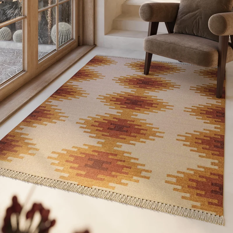 Kelim Teppich Beige Ocker aus Wolle "Belle" Green Looop