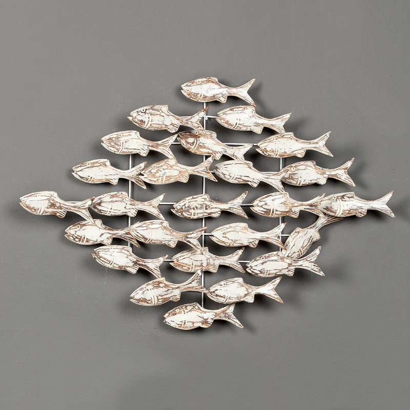 Wand-Deko IKAN White Wash ca. 80x80cm Holz Fischschwarm