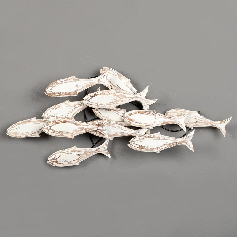 Wand-Deko IKAN White Wash ca. 80x40cm Albasia Holz Fische