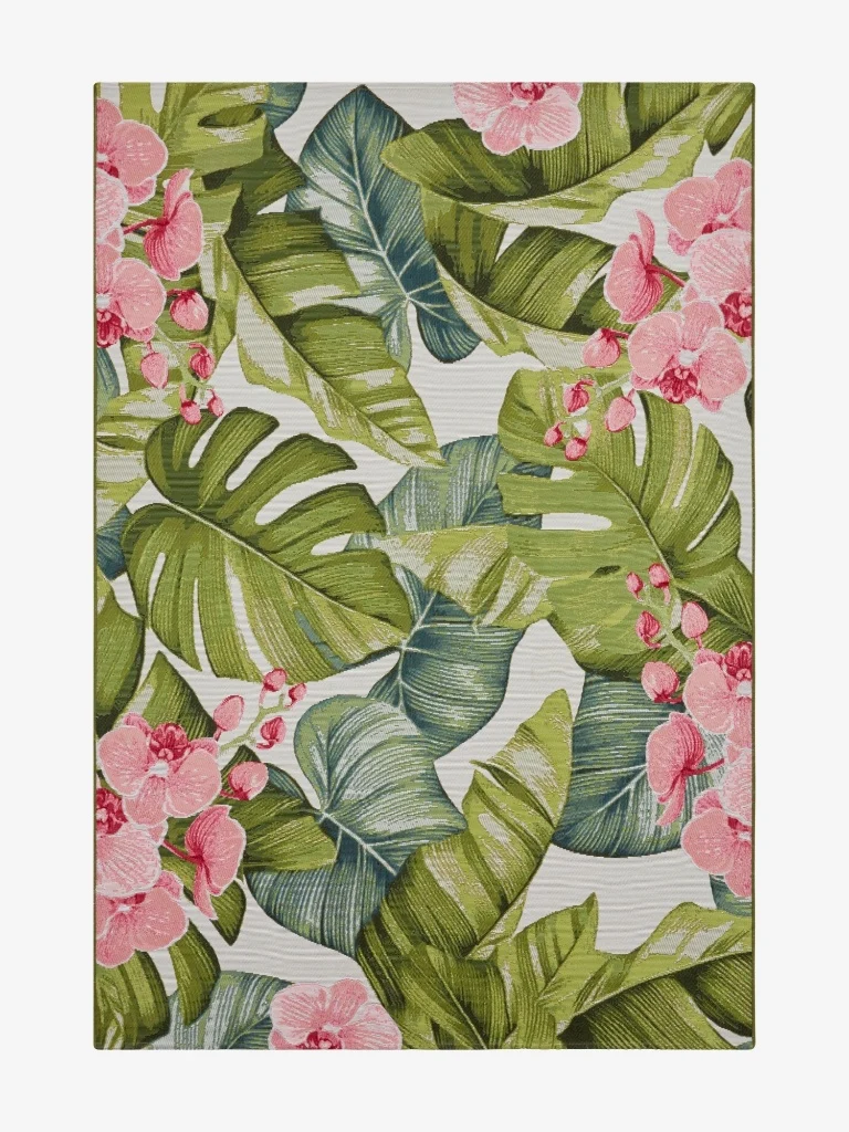 Outdoor Teppich Tropical Blätter Rosa/Grün