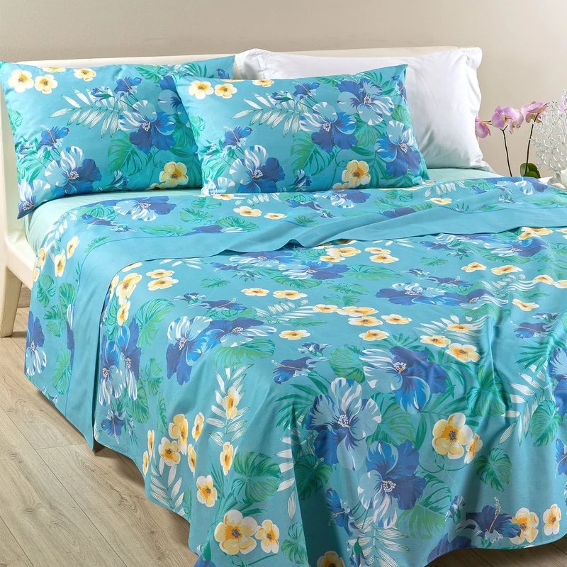 Completo Lenzuola Copriletto hibiscus Moderno in Cotone