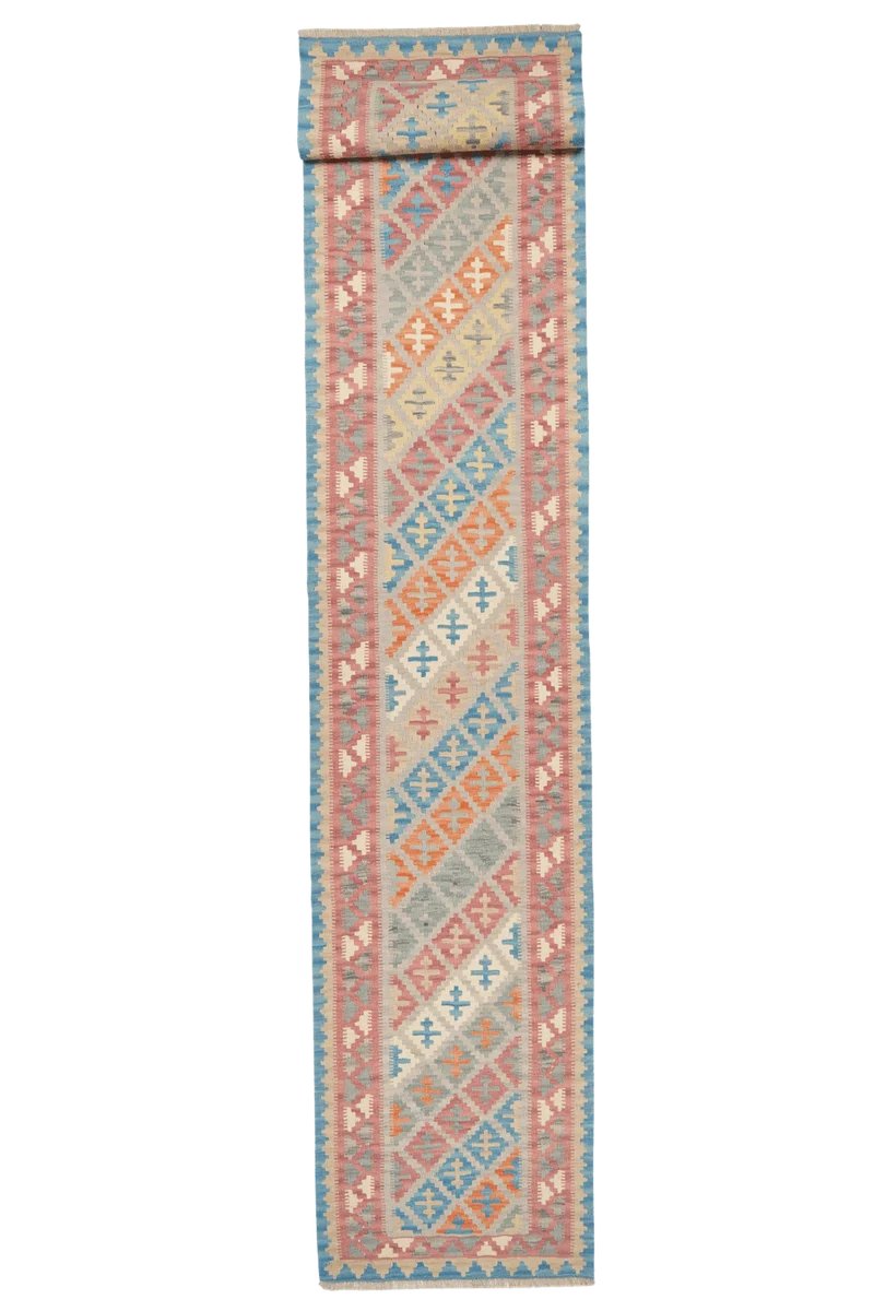 Kelim Gashgai · Handgewebt – Grau, 419x84 cm
