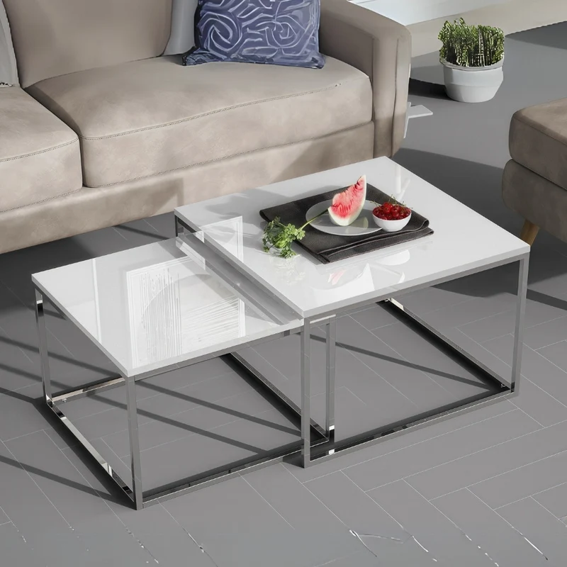 2er Set Design Couchtisch MENTO weiss hochglanz 60cm Edelstahl
