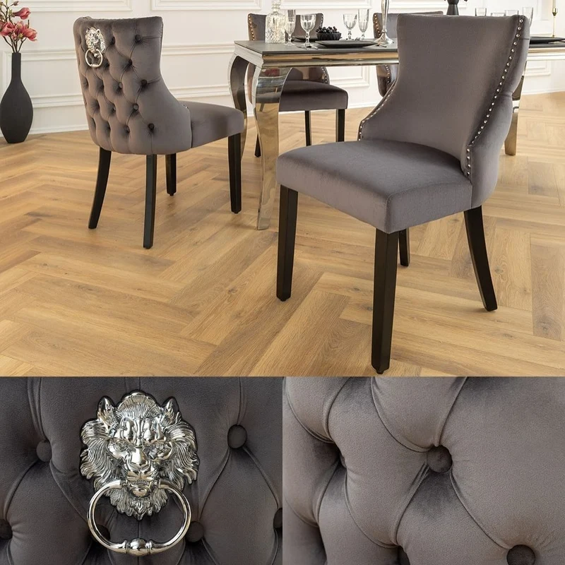 Edler Stuhl LEON Samt grau Löwenkopf Nieten Chesterfield