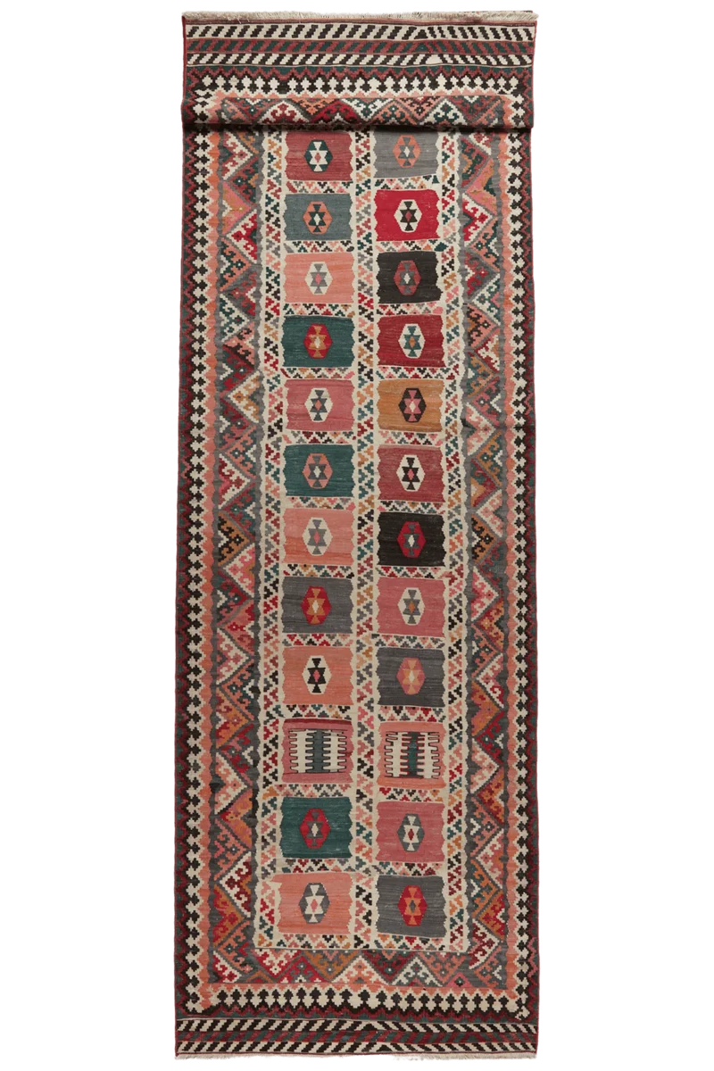 Kelim Gashgai Old · Handgewebt – Bunt, 477x128 cm