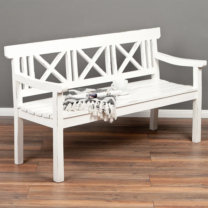 Massivholz 3-Sitzer Bank DRAHMA Antik-Weiß 150cm Shabby-Look