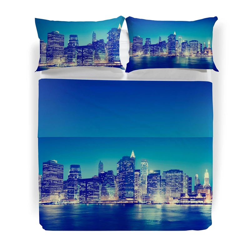 Set Lenzuola Copriletto city by night Fotografico in Cotone