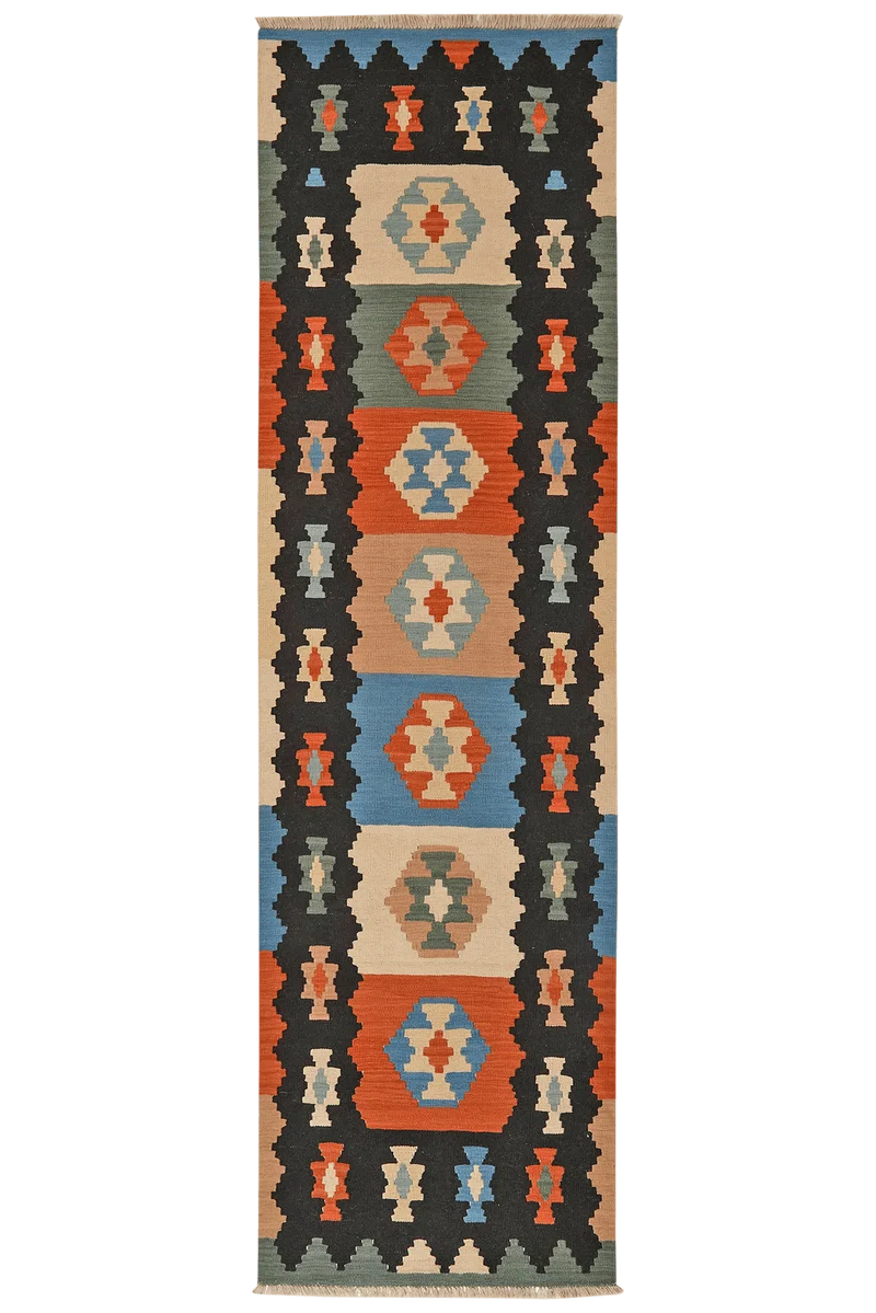 Kelim Gashgai · Handgewebt – Schwarz, 295x85 cm