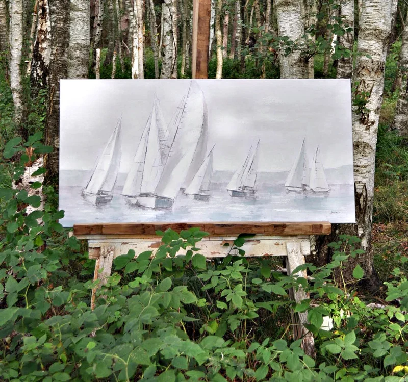 XL Leinwand Bild Segelboote in Pastell / Grau 70 x 140 cm