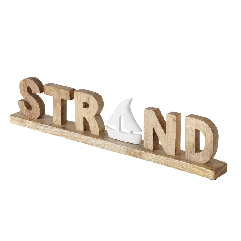 Deko-Aufsteller mit Holzschrift "Strand" und Metall Segelboot in weiß 58 cm